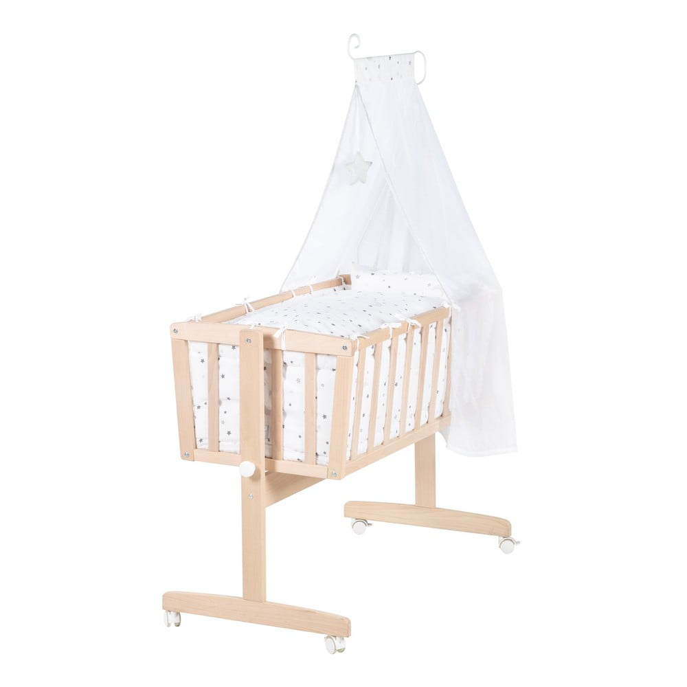 Kolíska z bukového dreva na kolieskach/s baldachýnom 40x90 cm v prírodnej farbe – Roba