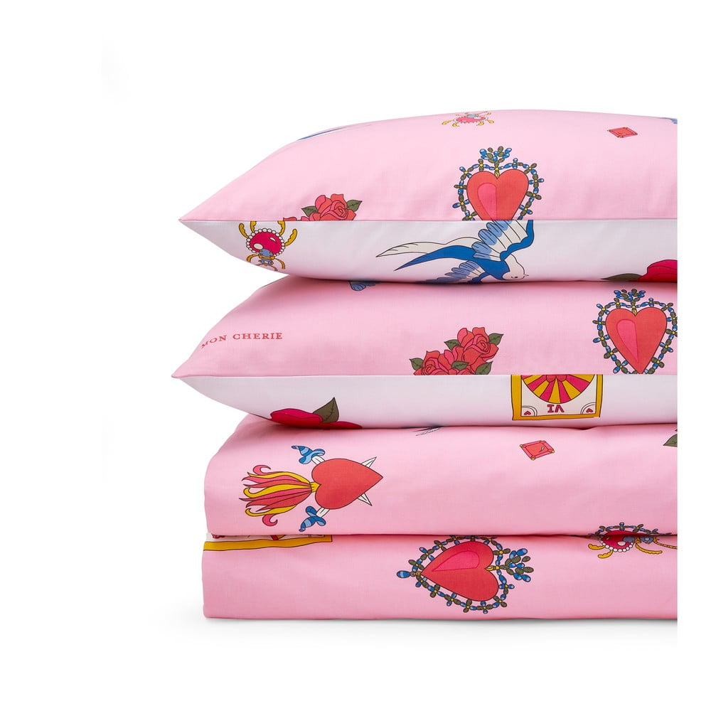 Biele/ružové bavlnené obliečky na dvojlôžko/predĺžené 230x220 cm Mon Coeur – Their Nibs