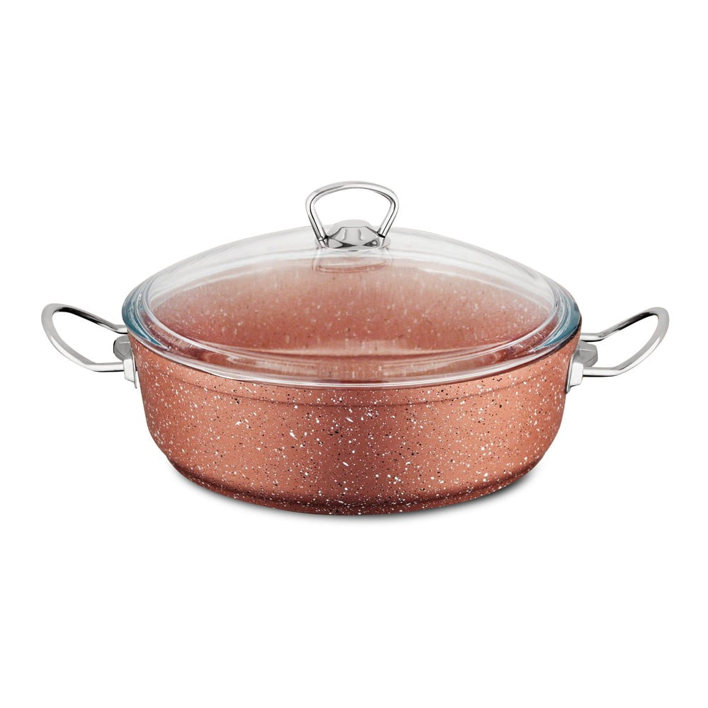 Ružový nízký hliníkový hrniec s pokrievkou Güral Porselen Classic