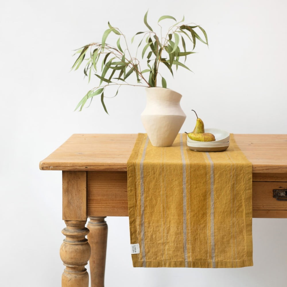 Ľanový behúň na stôl 200x200 cm Amber Bronze Stripes – Linen Tales