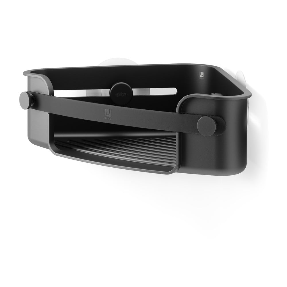 Čierna rohová plastová kúpeľňová polička bez vŕtania Flex Adhesive – Umbra