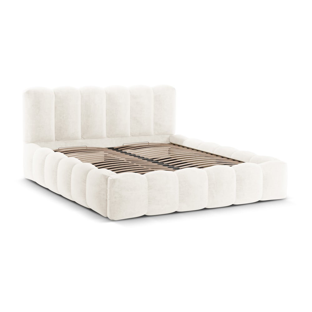 Krémovobiela čalúnená dvojlôžková posteľ s úložným priestorom s roštom 200x200 cm Lupine – Micadoni
