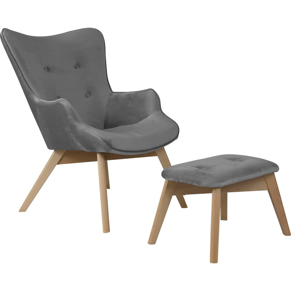 Sivé zamatové kreslo s podnožkou Niko – Ropez