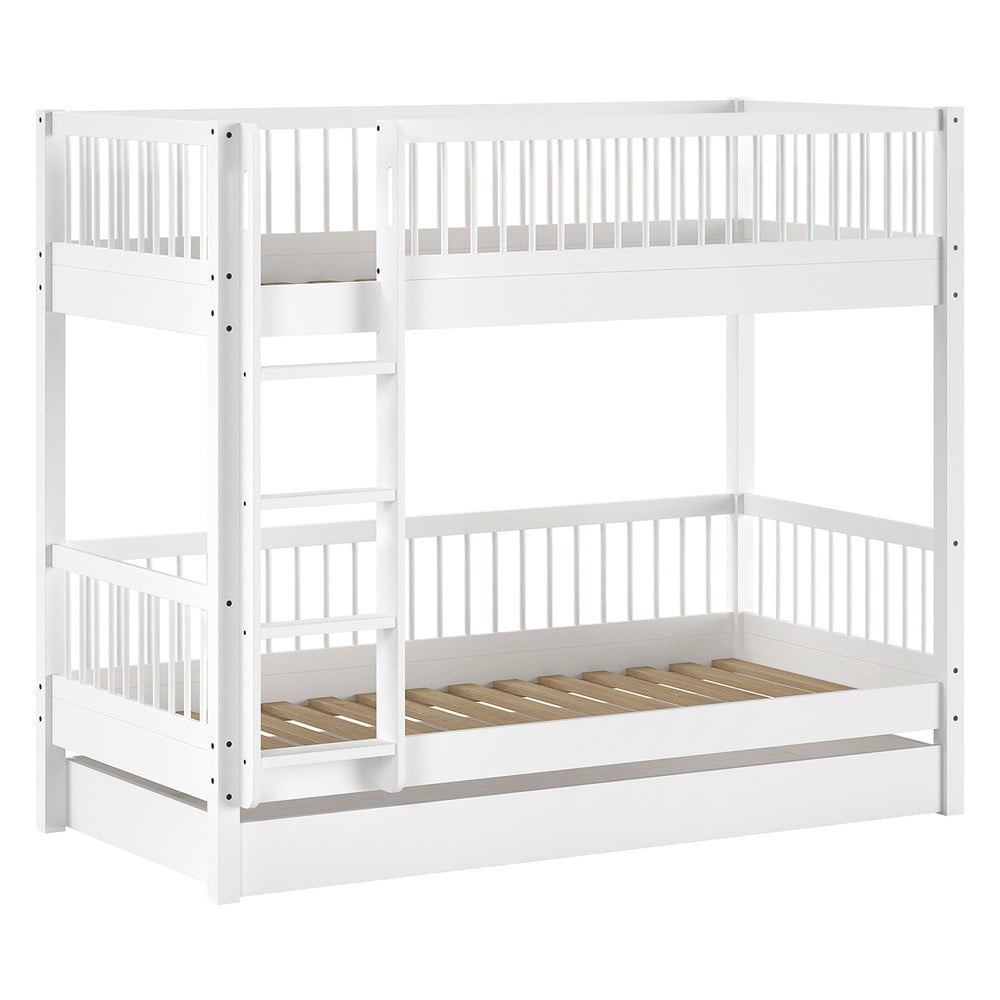 Biela poschodová detská posteľ z bukového dreva s výsuvným lôžkom a úložným priestorom 90x200 cm Forrest – Vipack