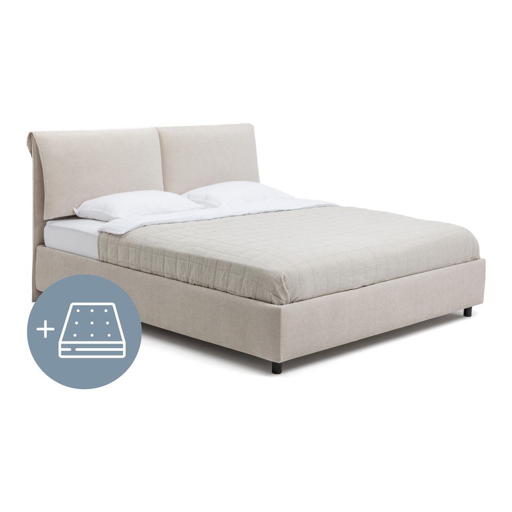 Béžová čalúnená dvojlôžková posteľ s úložným priestorom s matracom/s roštom 180x200 cm Myra Pillow – Bonami Selection