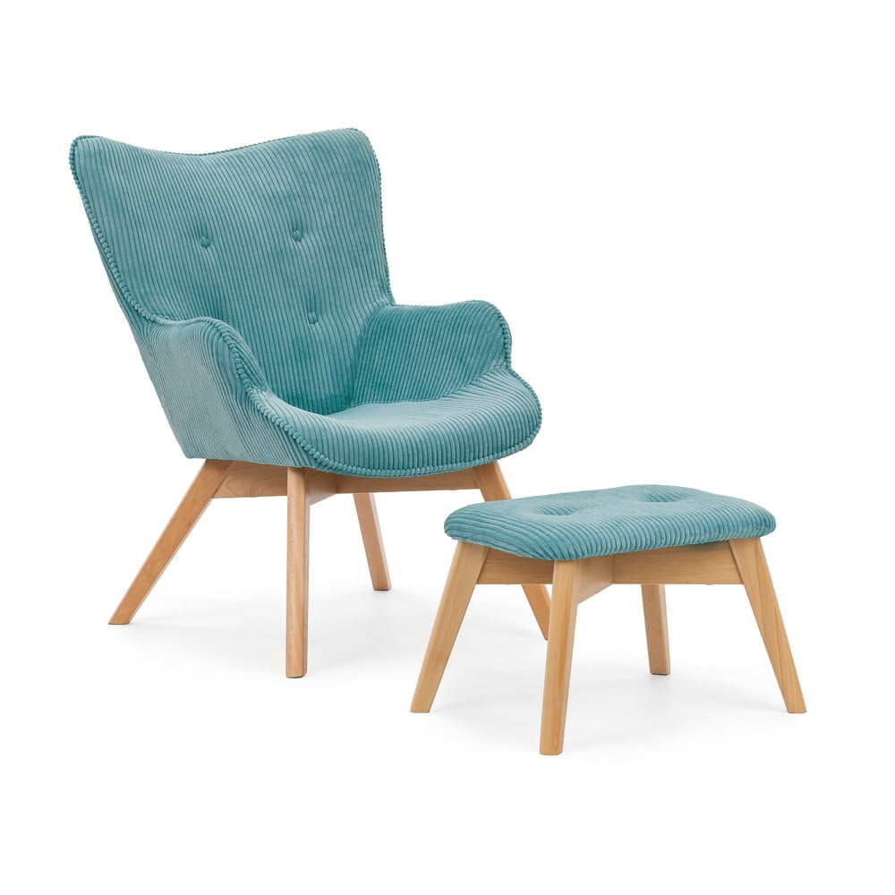 Tyrkysové menčestrové kreslo s podnožkou Niko – Ropez