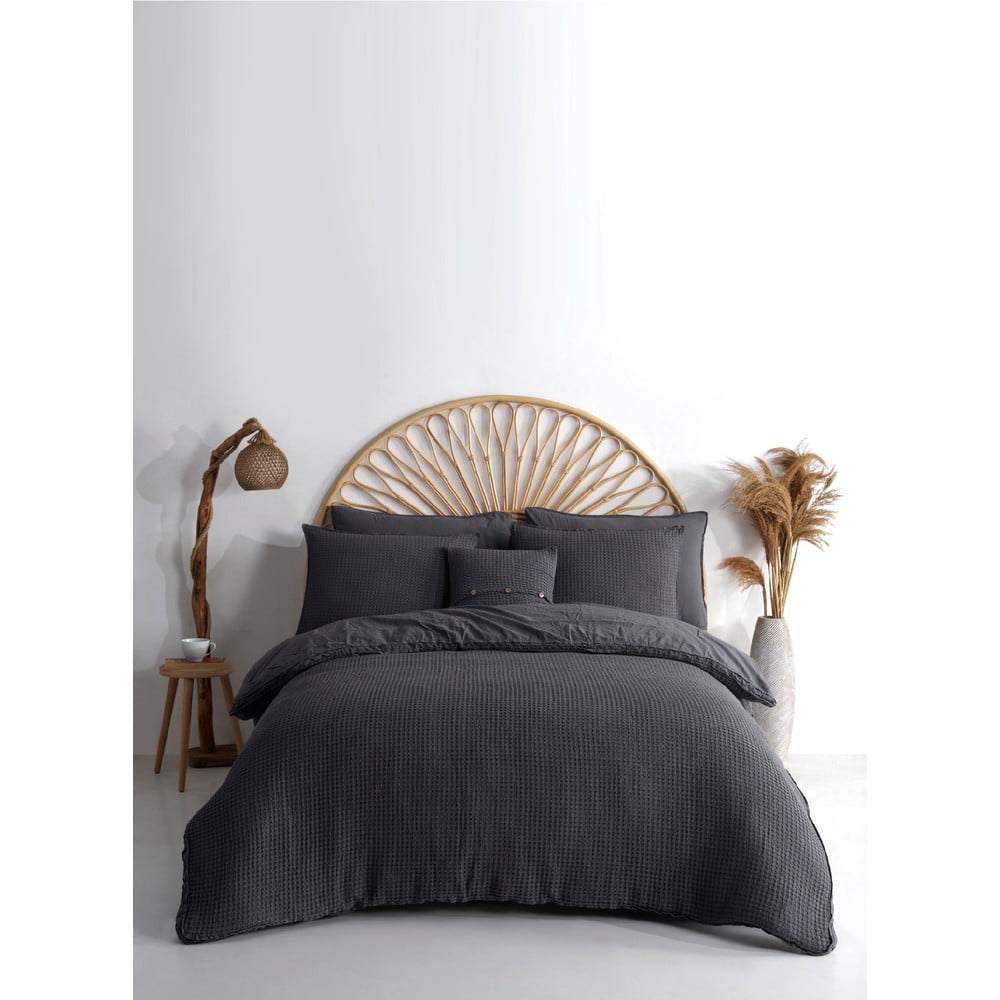 Antracitové obliečky na dvojlôžko/predĺžené z bavlny Renforcé 240x220 cm Waffle Striped – Mila Home Luxury