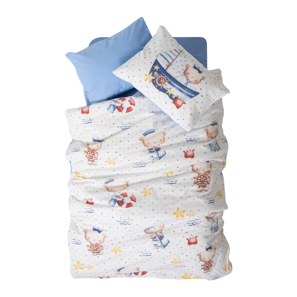 Biele/modré detské obliečky do postieľky z bavlny Renforcé s plachtou/4-dielne 100x150 cm Seaman – Mijolnir