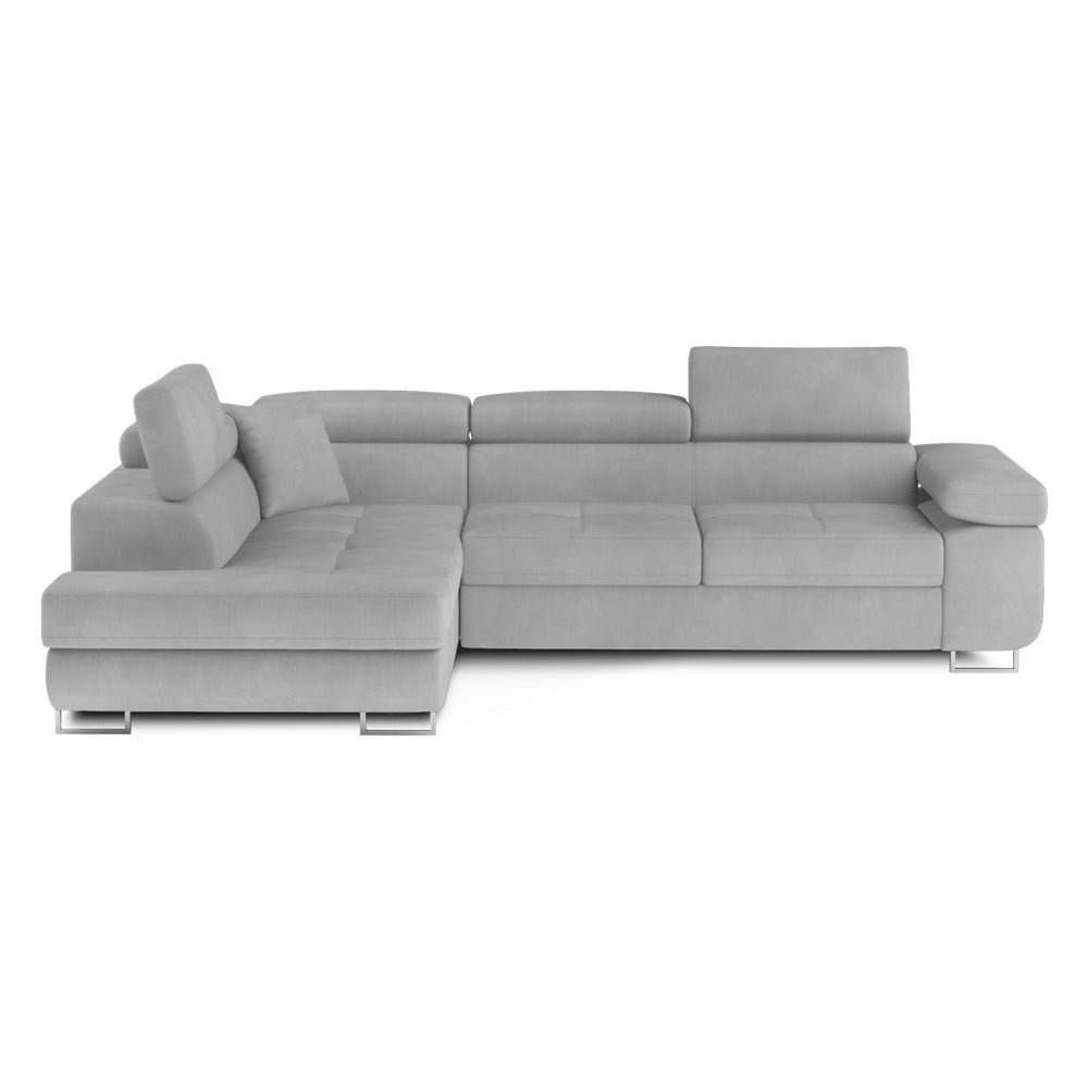 Svetlosivá zamatová rozkladacia/s úložným priestorom rohová pohovka (ľavý roh/do L) Anton – ELTAP