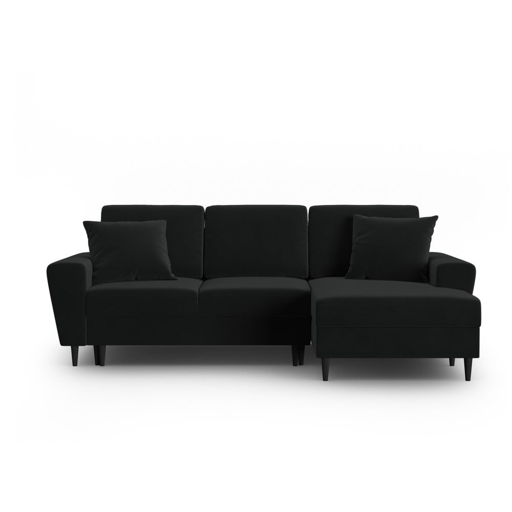 Čierna zamatová rozkladacia/s úložným priestorom rohová pohovka (pravý roh/s leňoškou) Kyoto – Cosmopolitan Design