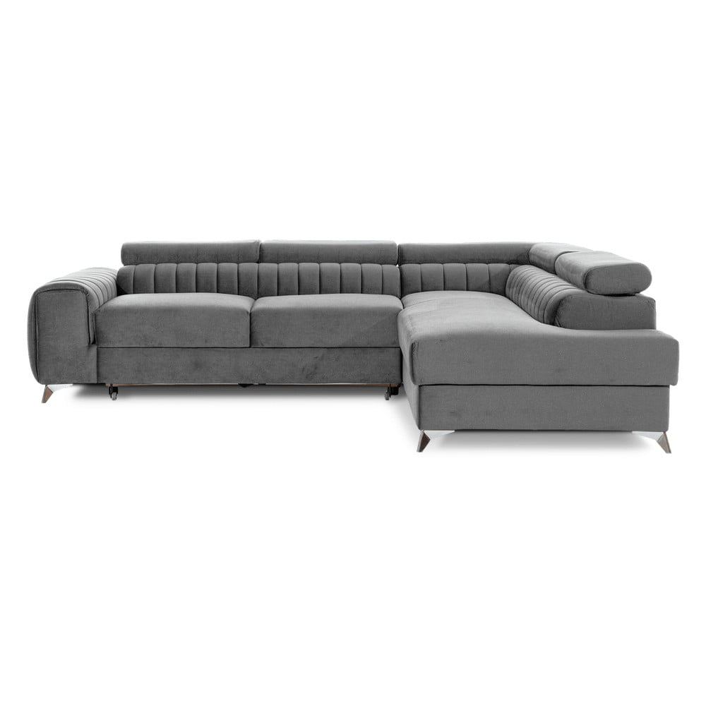 Sivá zamatová rozkladacia/s úložným priestorom rohová pohovka (pravý roh/do L) Laurence – ELTAP