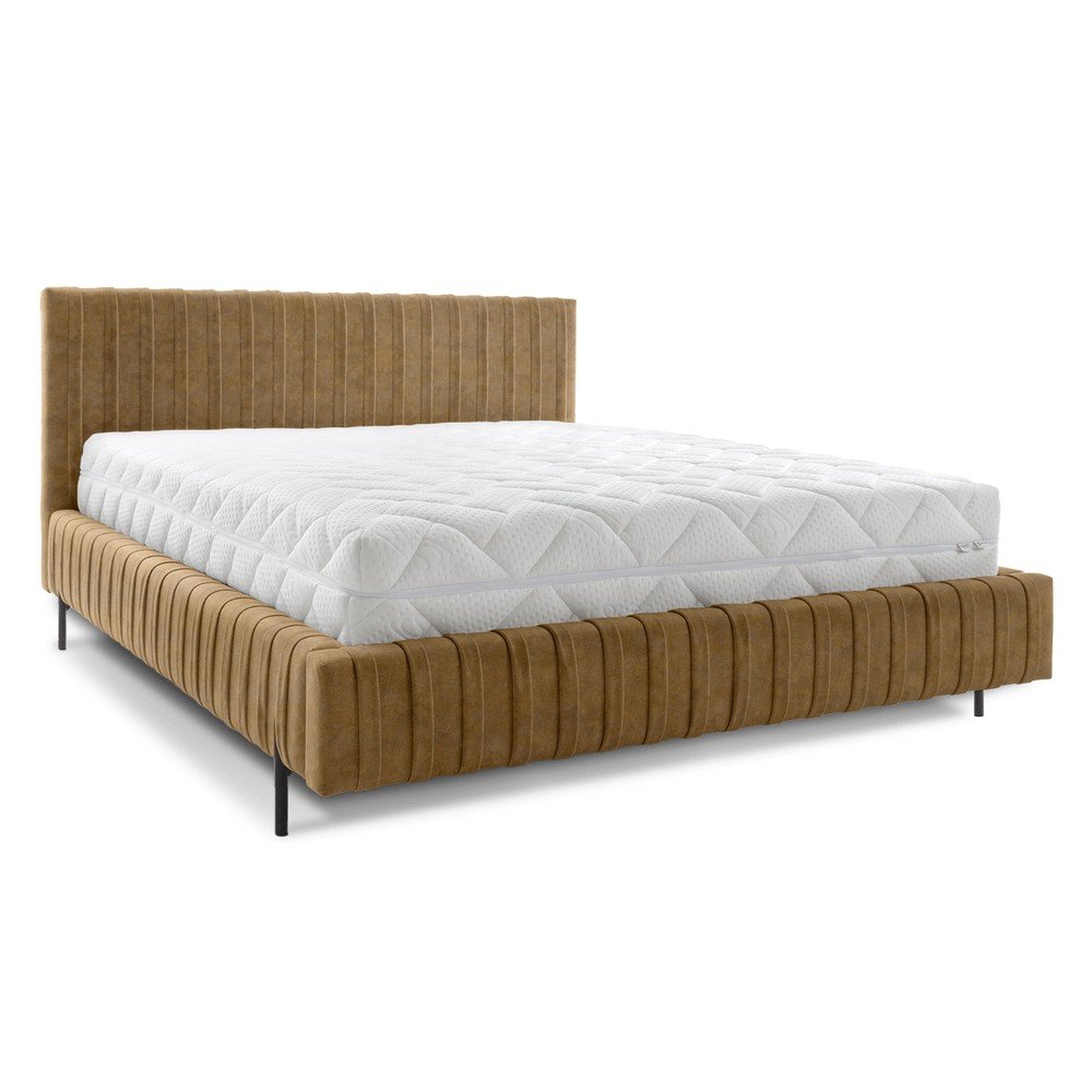 Okrovožltá čalúnená dvojlôžková posteľ s úložným priestorom s roštom 160x200 cm Plissa – ELTAP