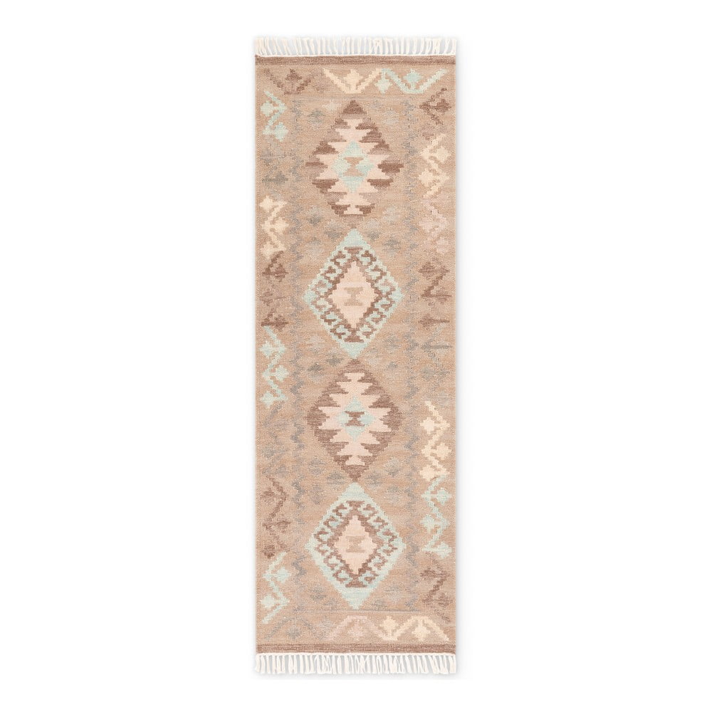 Svetlomodrý/béžový obojstranný ručne tkaný vlnený behúň 60x190 cm Kamal Dune – Nouristan