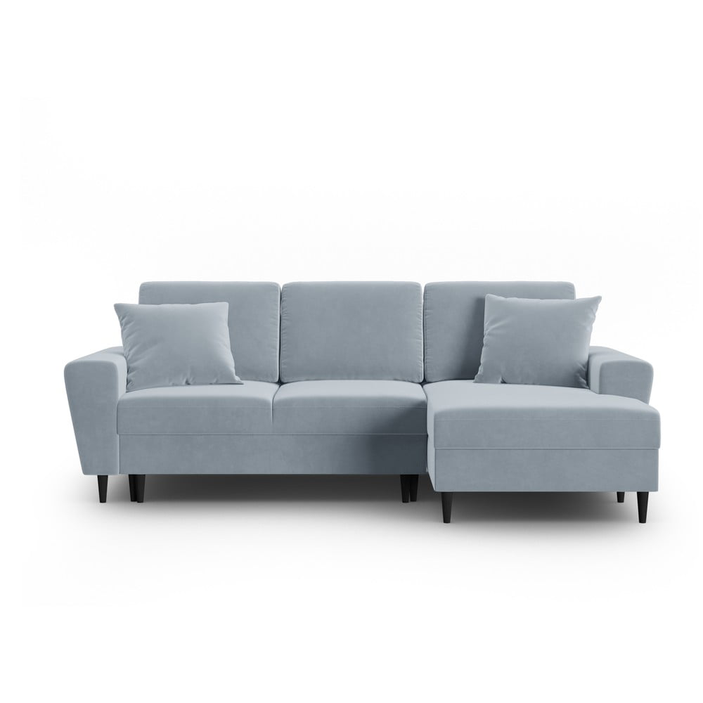 Svetlomodrá zamatová rozkladacia/s úložným priestorom rohová pohovka (pravý roh/s leňoškou) Kyoto – Cosmopolitan Design