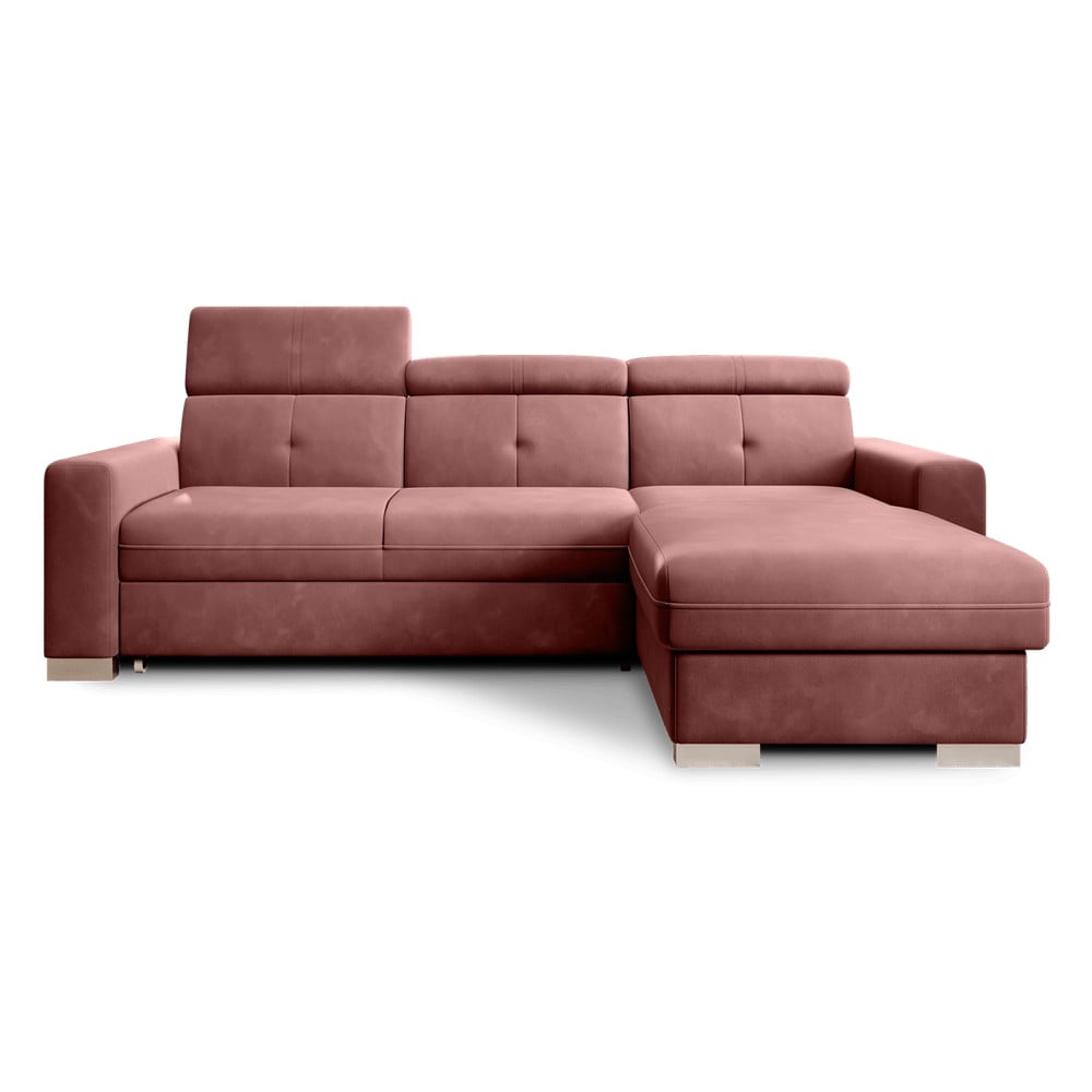 Ružová zamatová rozkladacia/s úložným priestorom rohová pohovka (pravý roh/s leňoškou) Fresia – ELTAP