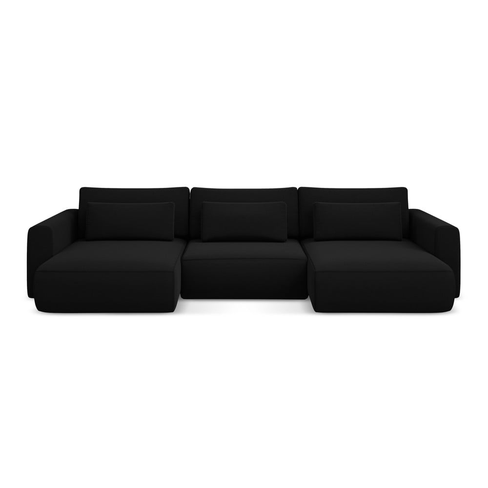 Čierna zamatová rozkladacia/s úložným priestorom rohová pohovka (do tvaru "U") Kapua – Makamii