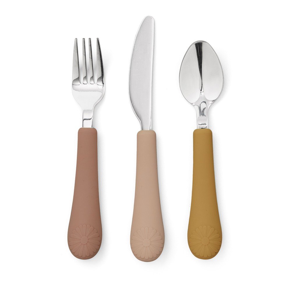 Okrovožltý/terakotový detský príbor 3 ks zo silikónu Tuscany Mix – Cam Cam Copenhagen