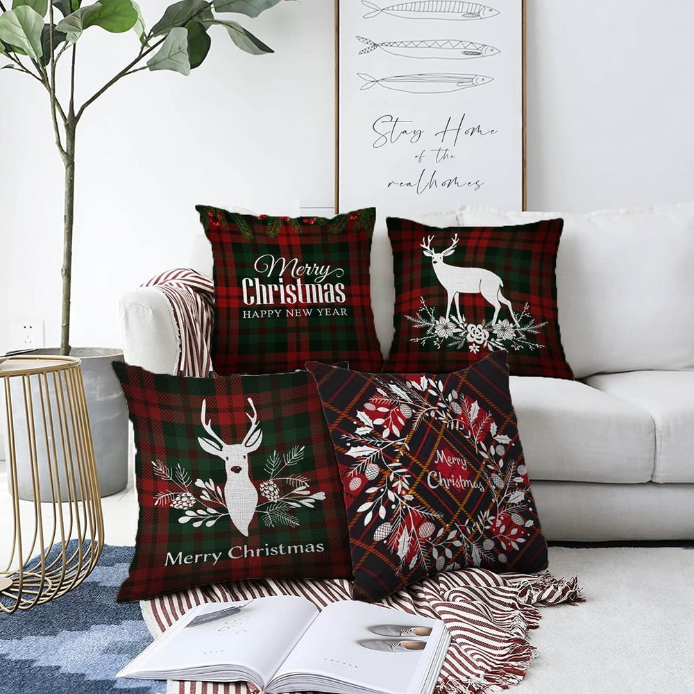 Súprava 4 vianočných žinylkových obliečok na vankúš Minimalist Cushion Covers Tartan Merry Christmas
