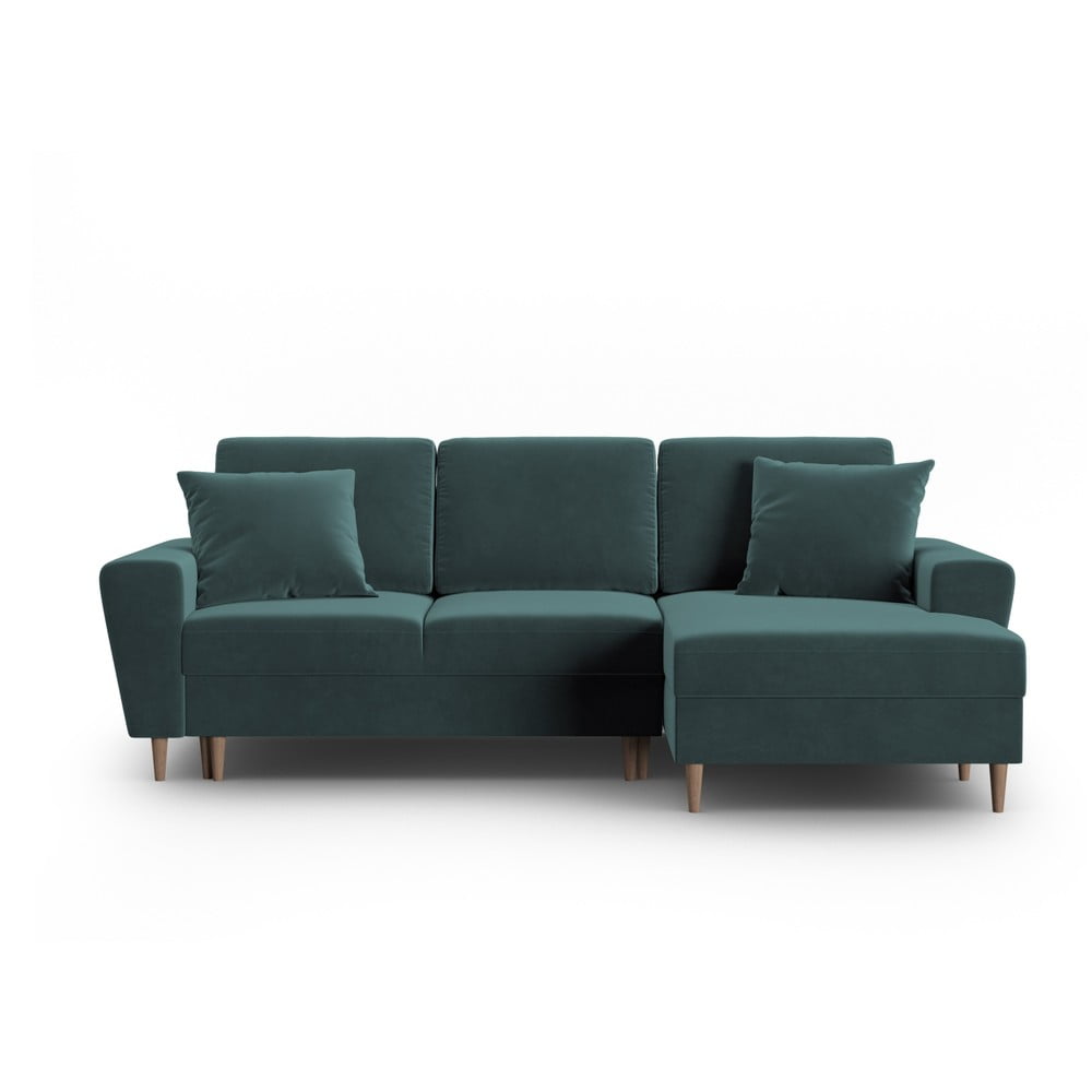 Zamatová rozkladacia/s úložným priestorom rohová pohovka v petrolejovej farbe (pravý roh/s leňoškou) Kyoto – Cosmopolitan Design