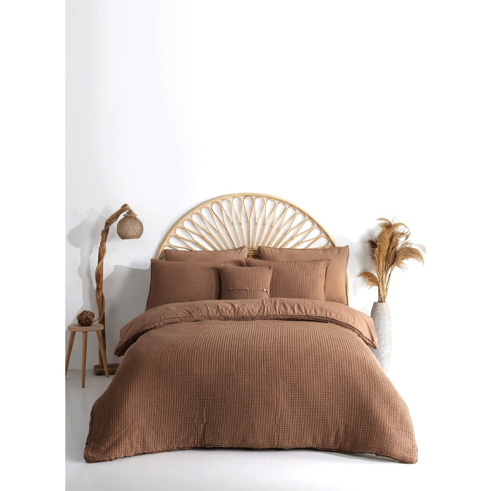 Hnedé obliečky na jednolôžko z bavlny Renforcé 140x200 cm Waffle Striped – Mila Home Luxury