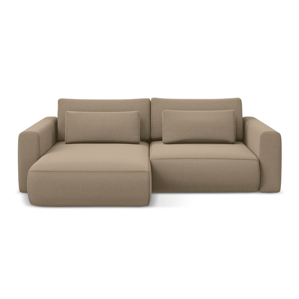 Svetlohnedá zamatová rozkladacia/s úložným priestorom rohová pohovka (ľavý roh/s leňoškou) Kapua – Makamii