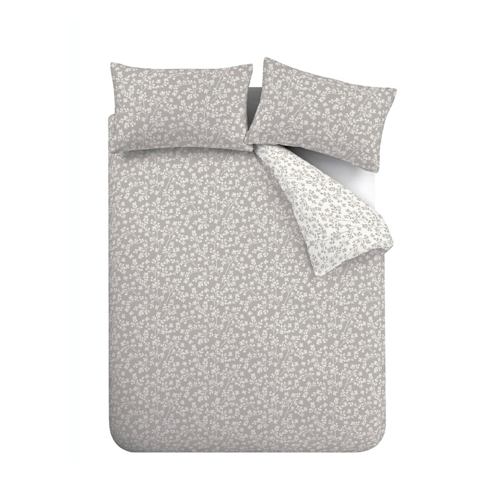 Sivé flanelové obliečky na dvojlôžko/predĺžené 230x220 cm Grace Floral Leaf – Catherine Lansfield